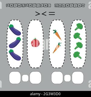 En développant des activités pour les enfants, comparez les légumes qui sont autant que les tomates, le brocoli, les carottes, les aubergines. Jeu logique pour enfants, mathématiques Illustration de Vecteur