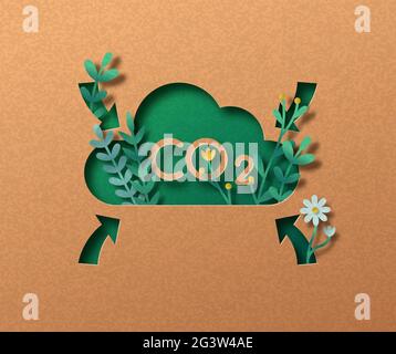 Concept d'illustration de la réduction des émissions de CO2 dans l'air. Signe vert écologique de dioxyde de carbone dans le style artisanal de coupe de papier 3d avec feuille de plante Illustration de Vecteur