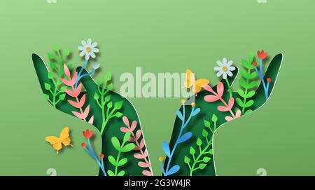 Illustration de la coupe de papier à la main de gens verts avec feuilles de plantes et jardin de fleurs. Style de vie écologique, lien avec la nature ou concept environnemental. natu 3d Illustration de Vecteur