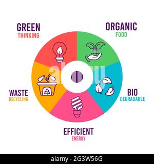 Modèle d'infographie écologique illustration d'un diagramme circulaire isolé avec icônes de la nature modernes à lignes plates. Inclut des aliments biologiques, de l'énergie propre et des Illustration de Vecteur