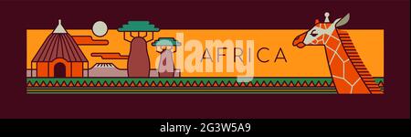 Afrique concept de voyage illustration du paysage africain traditionnel avec maison de boue et buisson d'arbre de baobab. Dessin animé à contour plat sur un arrière-plan isolé, Illustration de Vecteur