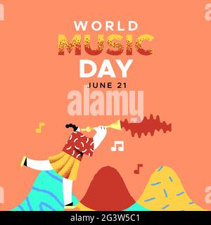 Journée mondiale de la musique bannière d'événement illustration de la petite musicienne personnage jouant clarinette avec des formes créatives de décoration musicale. 21 juin fête de Noël Illustration de Vecteur
