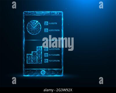 Smartphone et données analytiques faible poly Art. Analyse mobile, graphique de données illustrations vectorielles polygonales sur fond bleu. Banque D'Images