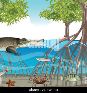 Scène de la forêt de mangroves en journée avec des animaux dans l'illustration de l'eau Illustration de Vecteur