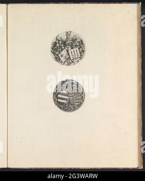 Deux armes. Deux représentations sur un magazine d'album. Au sommet une arme avec un double bouclier. Il y a trois passages de grain sur la protection droite. L'arme ci-dessous est liée à la famille Van Egmond van de Nijenburg. Les tirages font partie d'un album. Banque D'Images