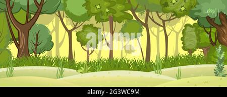 Paysage forestier d'été. Épaississement léger et brumeux. Feuillage dense. Vue sur les arbres verts. Collines pré au bord. Style dessin animé plat. Illustration de la nature Illustration de Vecteur