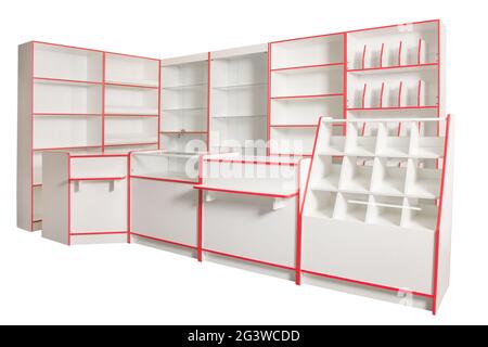 Présenter l'équipement d'un magasin sur un fond blanc. Espace libre pour le texte. Étagères et vitrines pour Banque D'Images
