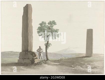 Twee Fragmenten Van Zuilen Van de Tempel van Zeus Olympus op AFSTAND VAN HALVE Mijl Van Rivier Anapus; deux fragments de colonnes restant du Temple de Jupiter olympique à 1/2 mille au-delà de l'Anapus appelé abusivement Alfeo; Voyage en Italie, Sicile et Malte - 1778. TEKENING UIT HET ALBUM 'TRAVEL IN Italy, Sicily and Malta', 1778. Banque D'Images