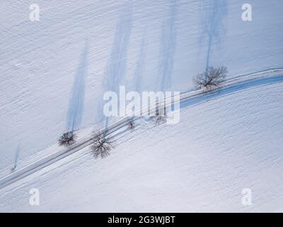 Route hivernale venteuse dans les champs enneigés Banque D'Images