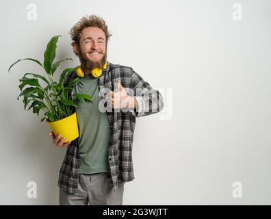 Jeune homme beau barbu tenant pot de fleur jaune avec plante dans lui vêtu d'une chemise à carreaux et d'écouteurs jaunes sur son cou i Banque D'Images