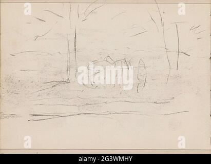 Animal entre deux arbres. Feuille 19 Verso d'un carnet d'esquisses de 33 feuilles. Banque D'Images