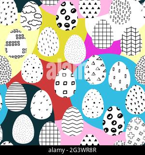Motif de Pâques joyeux vectoriel sans couture. Œufs de Pâques peints avec des ornements scandinaves noirs et blancs sur fond de couleur. Motif de Noël à pois, s Illustration de Vecteur