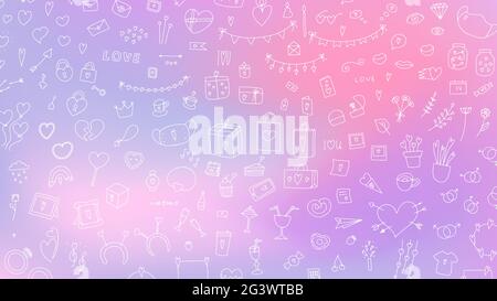 Ensemble de Saint-Valentin Big Doodle. Symbole d'amour dessiné à la main sur fond clair flou. Cartes de voeux mignons, cadeaux, accessoires avec coeurs. Ballons, mes Illustration de Vecteur