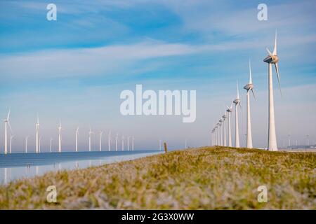 Parc de moulins à vent en mer avec nuages orageux et un ciel bleu, parc de moulins à vent dans l'océan. Pays-Bas Banque D'Images