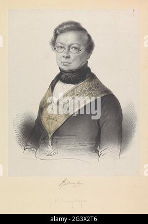Portrait de Gerardus Wouter Verweij Mejan. Portessen porte un costume de freemasse avec une suspension avec le passant et le crochet commercial. Il porte également des lunettes et un chevalier sur sa poitrine. Sa signature sous le portrait. Banque D'Images