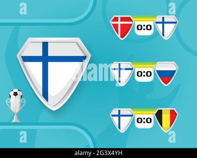 Calendrier des matchs de l'équipe nationale de football de Finlande au Championnat d'Europe 2020. Boucliers avec le drapeau du Danemark, de la Finlande, de la Belgique, de la Russie. Illustration de Vecteur