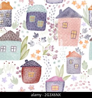Jolies maisons aquarelles et motif fleuri sans couture. Motif textile tendre et papier d'emballage pour enfants. Aquarelle bâtiments motif floral en tissu. Main Banque D'Images