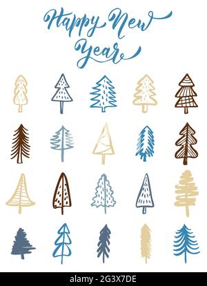 Ensemble de Noël à motif sapins de Noël dessinés à la main. Éléments de conception stylisés simples vectoriels. Collection décorations pour les fêtes d'hiver. Illustration de Vecteur