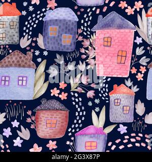 Jolies maisons aquarelles et motif fleuri sans couture. Motif textile tendre et papier d'emballage pour enfants. Aquarelle bâtiments motif floral en tissu. Main Banque D'Images