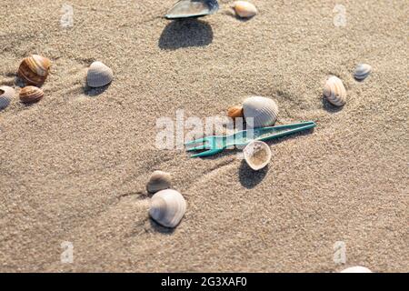 Fourchette en plastique bleu entre les coquilles polluante la plage (Kijkduin, la Haye, pays-Bas) Banque D'Images