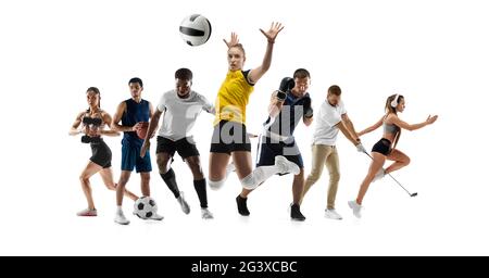 Collage sportif. Fitness, basket-ball, course à pied, football, volley-ball, boxe, course à pied, golf - hommes et femmes en mouvement Banque D'Images