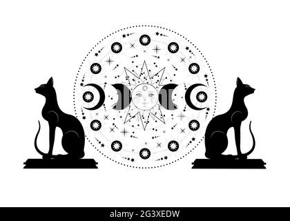 Triple lune et chats noirs, symbole de la déesse païenne Wiccan, système solaire, phases lunaires, orbites de planètes, cercle d'énergie. Géométrie sacrée de la roue de TH Illustration de Vecteur