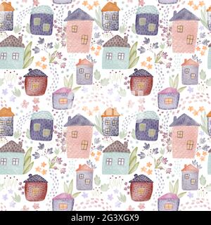 Jolies maisons aquarelles et motif fleuri sans couture. Motif textile tendre et papier d'emballage pour enfants. Aquarelle bâtiments motif floral en tissu. Main Banque D'Images