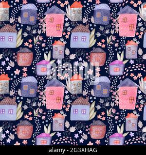 Jolies maisons aquarelles et motif fleuri sans couture. Motif textile tendre et papier d'emballage pour enfants. Aquarelle bâtiments motif floral en tissu. Main Banque D'Images