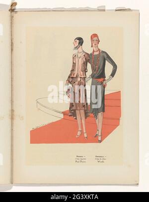 Art - Goût - Beauté, Feuillets de l'élégance Féminine, Mars 1929, n° 103, 9e année, p. 23. Deux femmes debout sur un tapis rouge vêtues de robes de Paul Poiret et Worth. Page du Modelijdschrift Art-Goût-Beauté (1920-1933). Banque D'Images