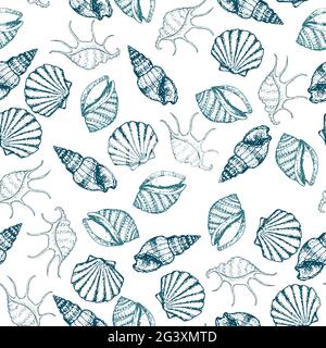 Sea Creatures dessiné à la main et motif sans couture. Les animaux de l'océan et les coquillages esquissés la texture de la surface. Illustration vectorielle Illustration de Vecteur