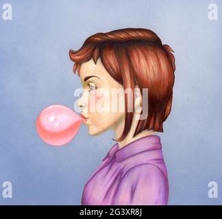 Jeune fille soufflant de gomme à bulles. Illustration de supports mixtes. Banque D'Images