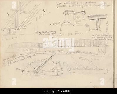 Feuille d'étude avec ponts et bateaux. Feuille 24 Verso d'un carnet d'esquisses de 44 feuilles. Banque D'Images