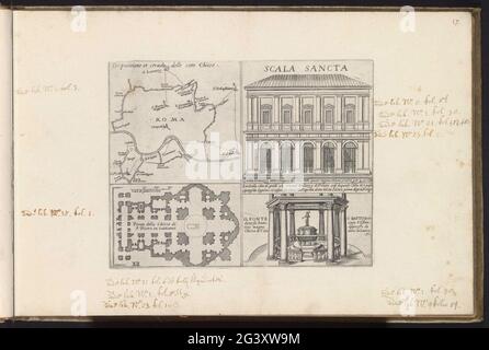 Carte de Rome, l'escalier Saint, la basilique Saint-Pierre et le Baptistère de Latran; monuments et bâtiments établis pendant les pontificates de Paulus V et Sixtus V. Leaf avec quatre représentations. Ci-dessus à gauche une carte de Rome. En haut à droite, l'escalier Saint de Rome. En bas à gauche : une carte de la Sint-Pietersbasilik dans la Cité du Vatican. En bas à droite du Baptistère de Latran. Une légende en italien à chaque performance. L'impression fait partie d'un album. Banque D'Images