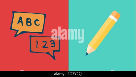 Composition du texte abc et 123 dans les bulles de parole sur le rouge, et le crayon jaune sur le bleu Banque D'Images