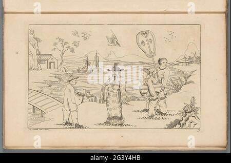 Le Chinois reçoit le thé d'un serviteur dans un paysage; Nouveau sinesen inconvulsivé avec grand Moeyte compliqué et donné en lui, par P. Schenk Jun (...), deuxième partie. Paysage avec un gentleman chinois offert d'un thé de serviteur sur un plateau derrière le Seigneur deux femmes, une avec parasol. En arrière-plan, deux voiliers sur l'eau. L'impression fait partie d'un album. Banque D'Images