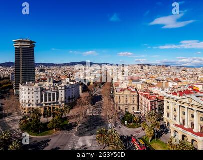La Rambla, vue en hauteur depuis Mirador de Colon, colonne de Christophe Colomb à Barcelone, Catalogne, Espagne Banque D'Images