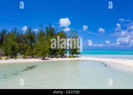 Vue aérienne des personnes sur la plage de l'île Motu dans le lagon de Bora Bora, Bora Bora, les îles Leeward, la Polynésie française, le Pacifique Sud Banque D'Images