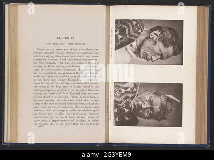 Chef maori, Tattoo, Nouvelle-Zélande. Sur la gauche une vue latérale d'un chef, sur la droite une vue de face. Banque D'Images