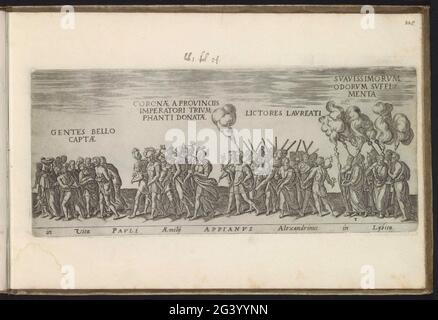 Procession triomphale avec des prisonniers, des soldats, des transfuges et des prêtres; en Vita Pauli Aemilij Appianus Alexandrinus à Lijbico; triomphes romains; Amplissimi Ornatißimiq Triumphi, UTI. L. Pavlvs de Rege Macedonum Perse Capto, P. Africanus Aemilianus de Carthage: Nensibus Excisis. C N. Pompeius Magnus ex Oriente, Julius August: Tus, Vespasien (...). Procession de prisonniers, de soldats romains, de liqueurs et de prêtres avec de l'encens à fumer. Titre en latin dans undermarge. L'impression fait partie d'un album. Banque D'Images