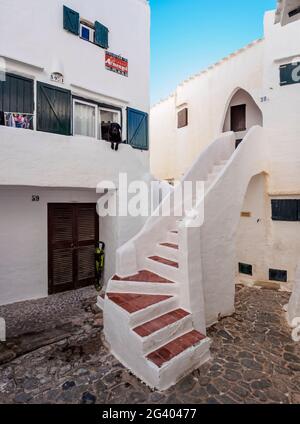 Maisons blanchies à la chaux à Binibeca Vell, Minorque ou Minorque, Iles Baléares, Espagne Banque D'Images