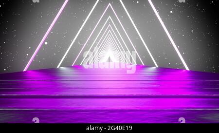 Rendu 3D, arrière-plan abstrait, réalité virtuelle, lumière ultraviolette fluorescente générée par ordinateur, lignes de néon luminescentes, un tria Banque D'Images
