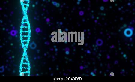 Double hélice de l'ADN numérique contre les particules floues colorées, générée par ordinateur. rendu 3d de l'expérience de la recherche chimique Banque D'Images