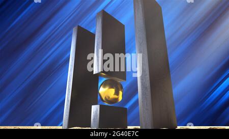 Pierres noires et sphère dorée, générées par ordinateur. rendu 3d de l'arrière-plan abstrait Banque D'Images