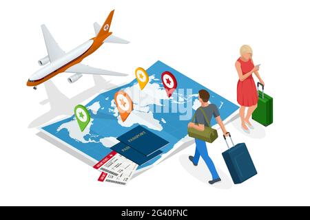 Concept isométrique de voyage d'affaires et de tourisme.Billets d'avion ou carte d'embarquement, passeports sur la carte du monde.Achat ou réservation de billets en ligne. Illustration de Vecteur