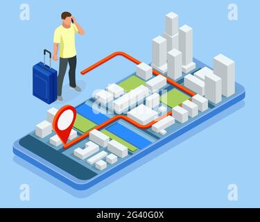 Application City, routard de voyage.Concept de navigation gps isométrique.Voyager en utilisant son smartphone avec des lieux favoris précédemment enregistrés sur la carte. Illustration de Vecteur