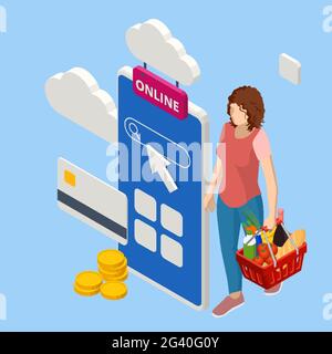 Femme isométrique commander en ligne dans un supermarché Internet.Application d'achat en ligne d'épicerie sur l'écran du smartphone avec nourriture à la maison.Sac de shopping avec Illustration de Vecteur