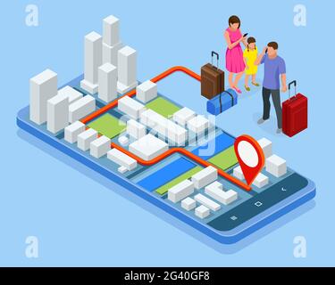 Application City, routard de voyage.Concept de navigation gps isométrique.Voyager en utilisant son smartphone avec des lieux favoris précédemment enregistrés sur la carte. Illustration de Vecteur