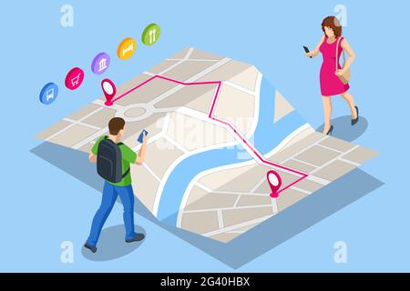 Concept de navigation gps isométrique.Voyager en utilisant son smartphone avec des lieux favoris précédemment enregistrés sur la carte.Carte de la ville navigation d'itinéraire Illustration de Vecteur