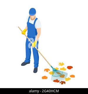 Travaux agricoles. Isométrique homme nettoyant les feuilles d'automne tombées, UN jardinier recueille et nettoie les feuilles mortes à l'automne avec un râteau isolé sur blanc Illustration de Vecteur