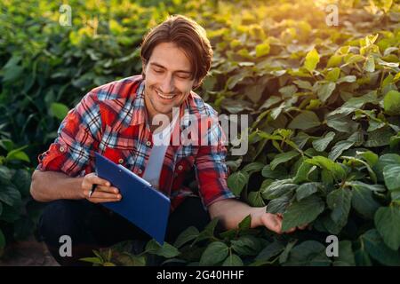 Un agronome souriant suit la croissance de l'agriculture, prend des notes. Vue avant. Travail sur le terrain, contrôle de la croissance de l'agriculture. Banque D'Images